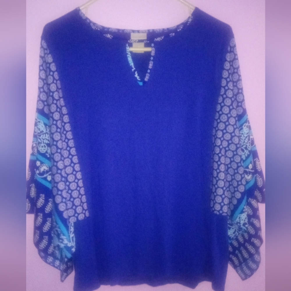 chicos 2 (Large) top blue w/ handkerchief sleeves coastal beach keyhole neck